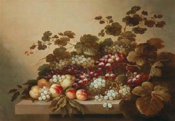 Still life with grapes and peaches by 
																			Roelof Koets