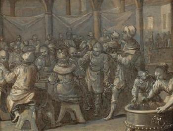 A banquet scene, en grisaille by 
																			Rombout Uylenburgh