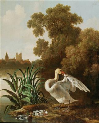A swan and ducks at a river, with a town beyond by 
																			Dirck Wyntrack