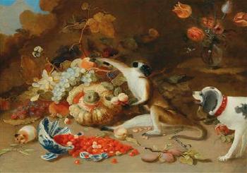 A squirrel and hamsters by a basket of mushrooms, fruit and flowers; A monkey caught stealing fruit by a dog by 
																			 Pseudo van Kessel