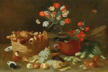 A squirrel and hamsters by a basket of mushrooms, fruit and flowers; A monkey caught stealing fruit by a dog by 
																			 Pseudo van Kessel
