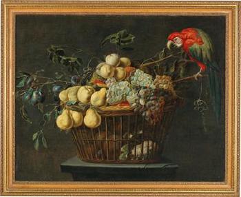 Still life of a basket of fruit with a parrot by 
																			Adriaen van Utrecht