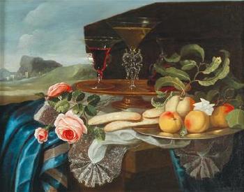 A still life of flowers and fruit by 
																			Maximilian Pfeiler