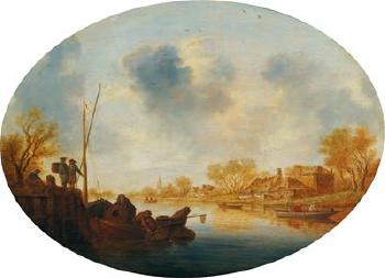 River landscape with men in a boat by 
																			Pieter de Neyn