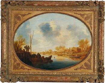 River landscape with men in a boat by 
																			Pieter de Neyn