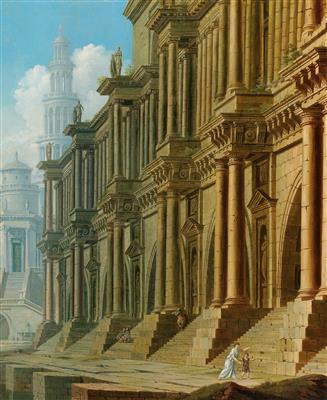 A pair of architectural capriccios with figures by 
																			Pierre Antoine Demachy