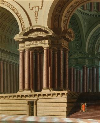 A pair of architectural capriccios with figures by 
																			Pierre Antoine Demachy