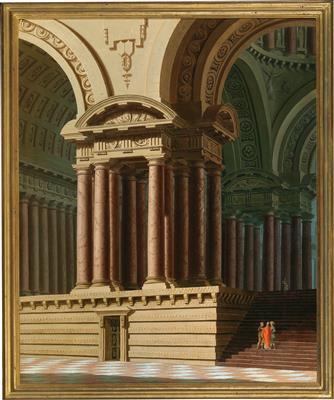 A pair of architectural capriccios with figures by 
																			Pierre Antoine Demachy