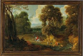 A wooded landscape with horsemen by 
																			Jacques d'Arthois