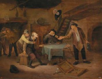 Quarrelling backgammon players in an interior by 
																			Jan Steen