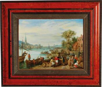 A river landscape with a harbour scene by 
																			Pieter Gysels