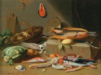 A kitchen still life with fish, vegetables and a cat by 
																			 Pseudo van Kessel