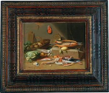 A kitchen still life with fish, vegetables and a cat by 
																			 Pseudo van Kessel