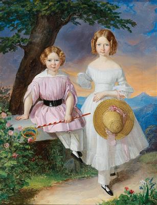 Siblings before a vast landscape background by 
																			Franz Eybl