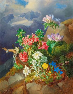 Alpine flowers, in the background the Dachstein massif by 
																			Andreas Lach