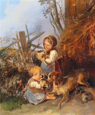 Two girls with a dog family by 
																			Johann Matthias Ranftl