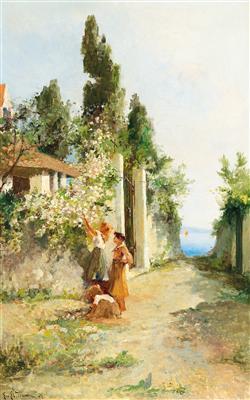 Three girls gathering roses by 
																			Leo von Littrow