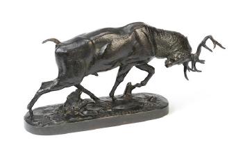 A late 19th century bronze model of Cerf Combattant by 
																	Henri Alfred Jaquemart