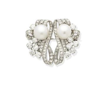 A Cultured Pearl And Diamond Double-Clip Brooch  By Garrard Circa 1955 by 
																	 Garrard