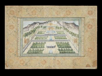 A View Of The Ornamental Gardens Surrounding a Palace Pavilion, With a Mountainous Landscape Beyond by 
																	 Ahmad