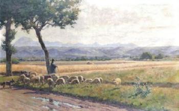 Berger et ses moutons, le Mont doré en arrière plan by 
																	Theophile Tailandier