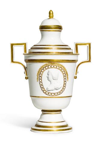 A Fulda porcelain biscuit medallion vase and cover by 
																	 Fulda Manufactory