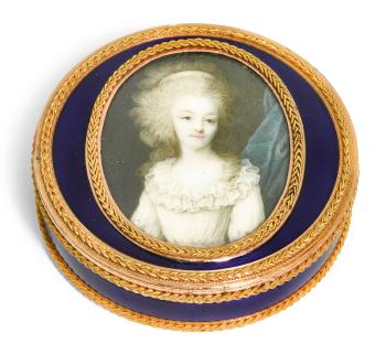 A gold and enamel portrait snuff box with miniature on ivory, Jean-Edmé Julliot, Paris, 1784 by 
																	Jean-Edme Julliot