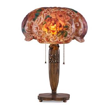 Puffy table lamp, venice shade with roses, Bedford, MA by 
																	 Pairpoint Glass