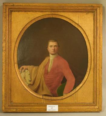 Portrait à mi - corps d'un horloger la main droite sur le cadran by 
																			Germain Joseph Hallez