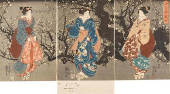 Yami no ume (Plum Blossoms at Night); Matsushita no zenni, Nakamura Daikichi (Nakamura Daikichi I as Zenni of Matsushita); Imayo musume sankyoku (Three Songs by Girls in the Modern Style) by 
																			Utagawa Kuniyoshi