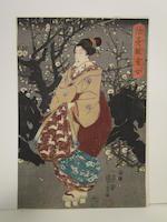 Yami no ume (Plum Blossoms at Night); Matsushita no zenni, Nakamura Daikichi (Nakamura Daikichi I as Zenni of Matsushita); Imayo musume sankyoku (Three Songs by Girls in the Modern Style) by 
																			Utagawa Kuniyoshi