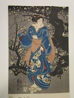 Yami no ume (Plum Blossoms at Night); Matsushita no zenni, Nakamura Daikichi (Nakamura Daikichi I as Zenni of Matsushita); Imayo musume sankyoku (Three Songs by Girls in the Modern Style) by 
																			Utagawa Kuniyoshi