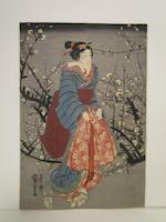 Yami no ume (Plum Blossoms at Night); Matsushita no zenni, Nakamura Daikichi (Nakamura Daikichi I as Zenni of Matsushita); Imayo musume sankyoku (Three Songs by Girls in the Modern Style) by 
																			Utagawa Kuniyoshi