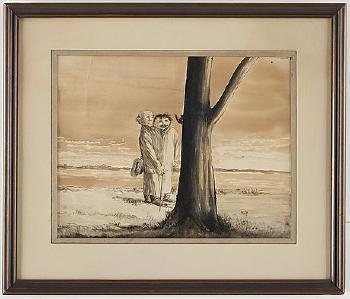 Två Herrar Vid Stranden Betraktar Ekorre I Träd (Two Men By The Beach Watching A Squirrel In A Tree) by 
																			Axel Fridell