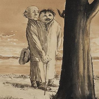 Två Herrar Vid Stranden Betraktar Ekorre I Träd (Two Men By The Beach Watching A Squirrel In A Tree) by 
																			Axel Fridell