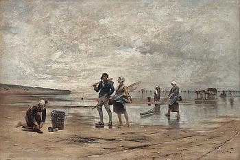 Shellfish Fishing At Low Tide, Scene From Normandy by 
																			August Hagborg