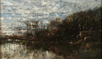 Landscape With Lake, Canoe, And Cottage by 
																	William L Sonntag