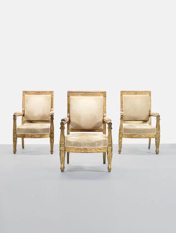 A set of three Empire carved giltwood 'Palais des Tuileries' fauteuils by Francois-Honore-Georges Jacob-Desmalter (1770-1841) by 
																			Francois-Honore-Georges Jacob-Desmalter