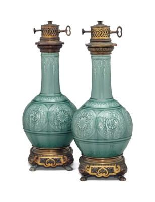 A Pair of Gilt-Bronze Mounted Theodore Deck Faience Celadon-Ground Vases, Mounted as Lamps by 
																	 Maison Gagneau Co.