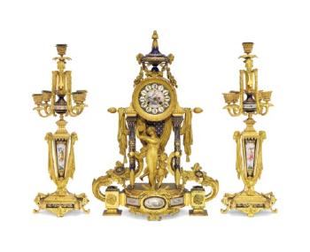 An Assembled French Ormolu and Cobalt-Blue Ground Sevres Style Porcelain Three-Piece Clock Garniture by 
																	 Barbedienne Foundry