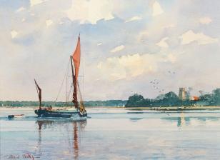Thames Barge In An East Anglian Waterway by 
																	David Talks