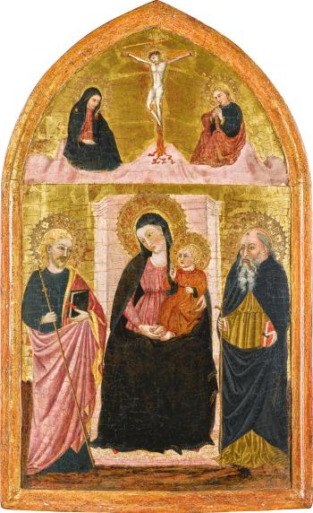 The Madonna Enthroned, Flanked By Saints, The Crucifixion Above by 
																	 Lucca School