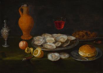 A Still Life With Oysters, Chestnuts, All On Pewter Plates, Together With A Peeled Lemon, An Orange And Other Items On A Table by 
																	Jacob van Es