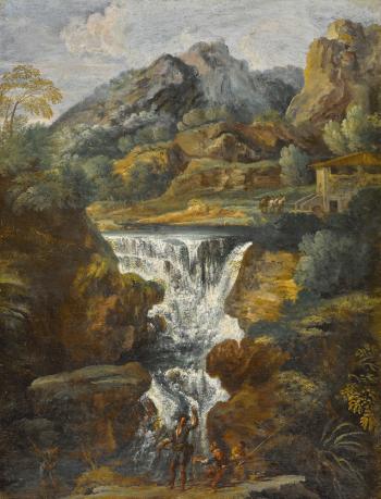 Mountainous Landscape With A Waterfall, With Fishermen In The Foreground by 
																	Pietro da Cortona