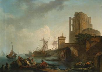A Calm: A Harbour Scene, With Fishermen Resting Near Ruins by 
																	Philippe Jacques Loutherbourg