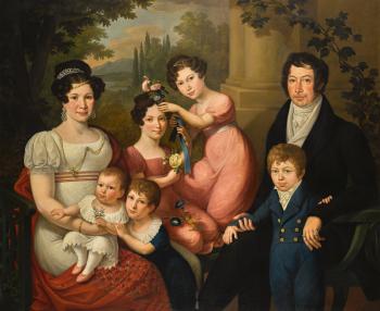 Family Portrait, Believed To Be The Borbone-spagna Family: Maria Isabella (1789-1884) with Her Husband Francis I of The Two Sicilies (1777-1830), with Their Children, A Landscape Beyond by 
																	Giuseppe Cammarano
