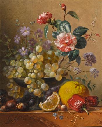 Still Life with A Camelia Spray, Cornflowers and Grapes in A Silver Bowl, with Nuts, An Orange and Red Peppers, All On A Marble Ledge by 
																	Georgius Jacobus Johannes van Os