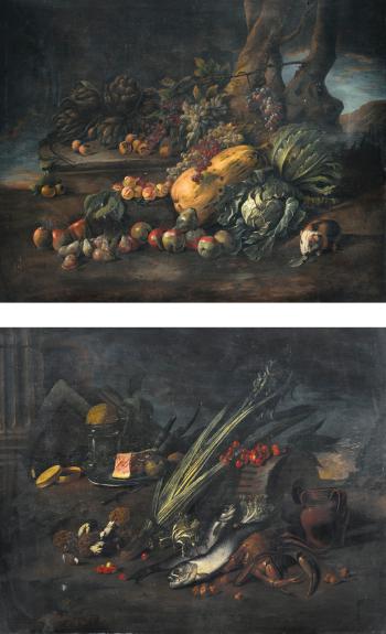 Still Life of Vegetables On A Forest Floor; Still Life with Fish and Mushrooms by 
																	 Pseudo Fardella