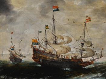 A Four-masted Ship Flying The Flag of Zeeland, Another Vessel Beyond by 
																	Andries van Eertvelt
