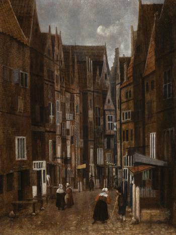 A Cobbled Street In A Town With People Conversing by 
																	Jacob Vrel